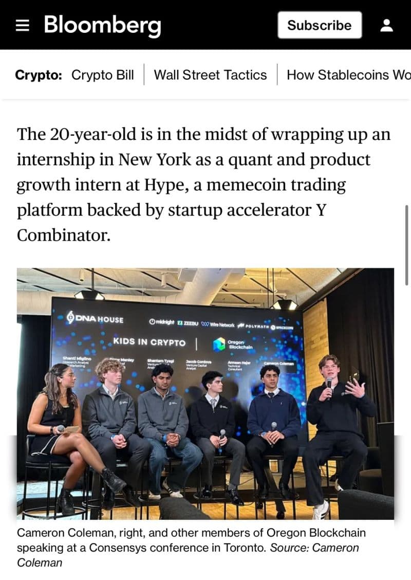 Bloomberg article featuring Cameron Coleman and Oregon Blockchain Group