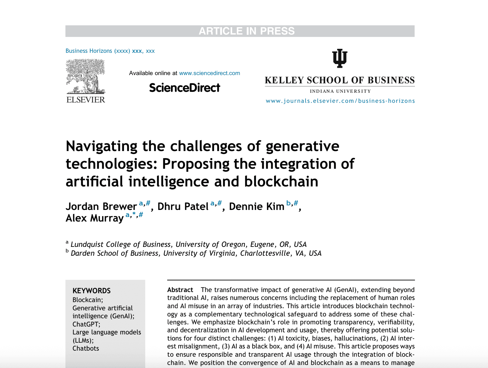 Cover page of "Navigating the challenges of generative technologies: Proposing the integration of artificial intelligence and blockchain"