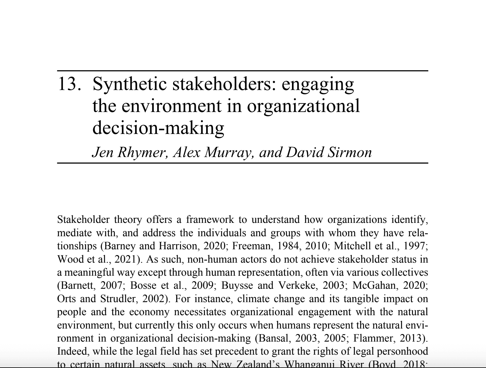 Cover page of "Synthetic stakeholders: Engaging the environment in organizational decision-making"