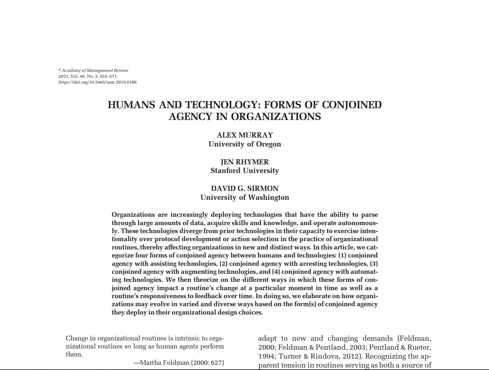 Cover page of "Humans and technology: Forms of conjoined agency in organizations"