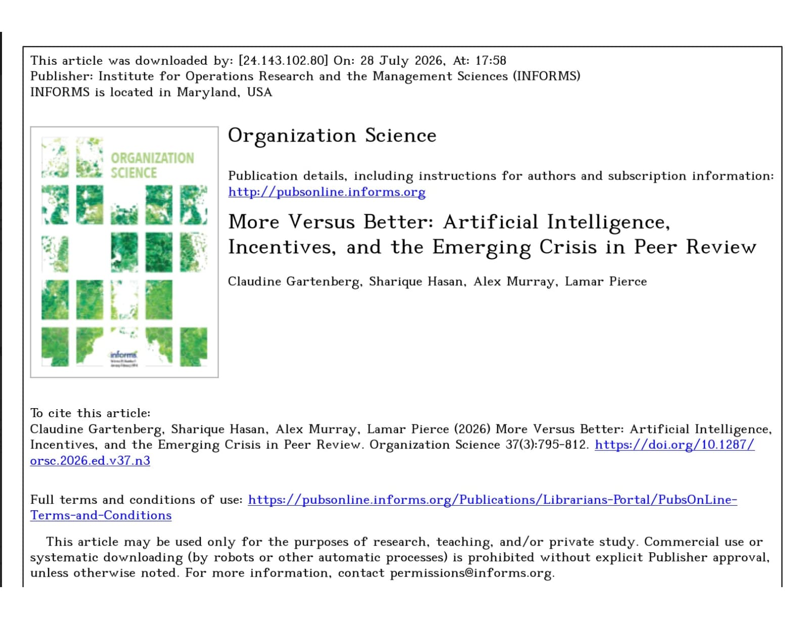 Cover page of "More versus better: Artificial intelligence, incentives, and the emerging crisis in peer review"